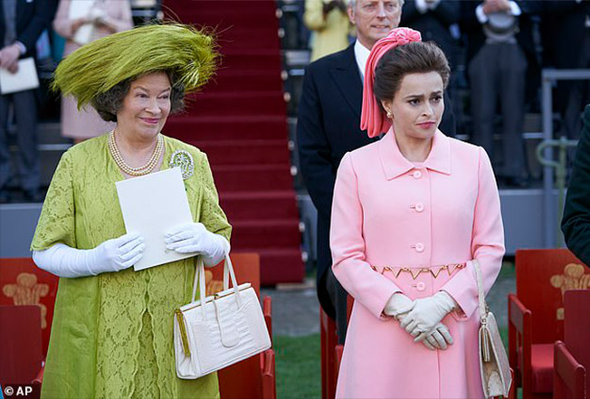 The Lord also used the same treatment for Helena Bonham Carter, 53, for her part as Margaret in the third series of The Crown. (Pictured: Her and Queen mother actress Marion Bailey in an episode of the new series)